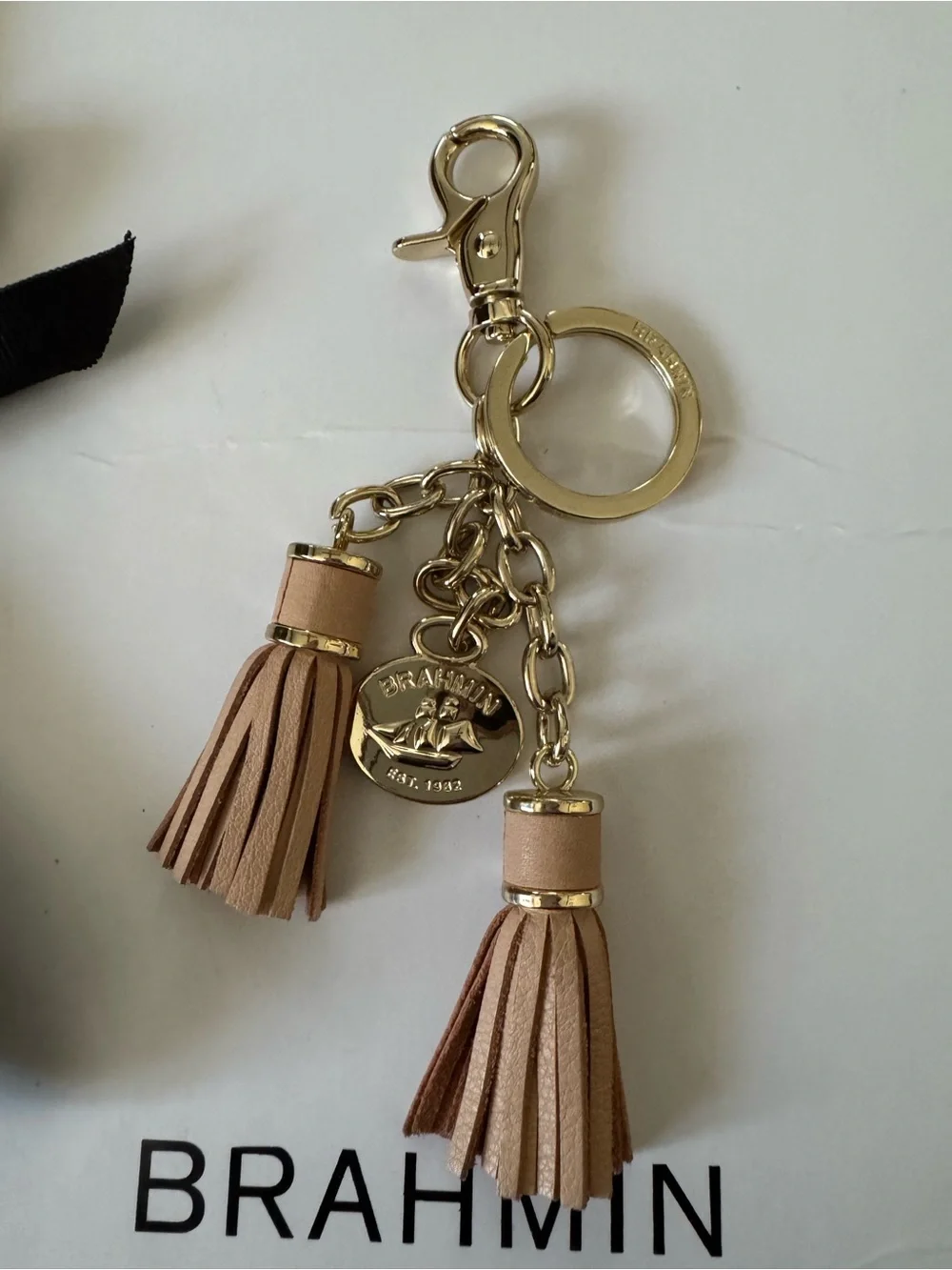 Brahmin Beige Tan Leather Double Tassel Key Fob with Gold-Tone Hardware